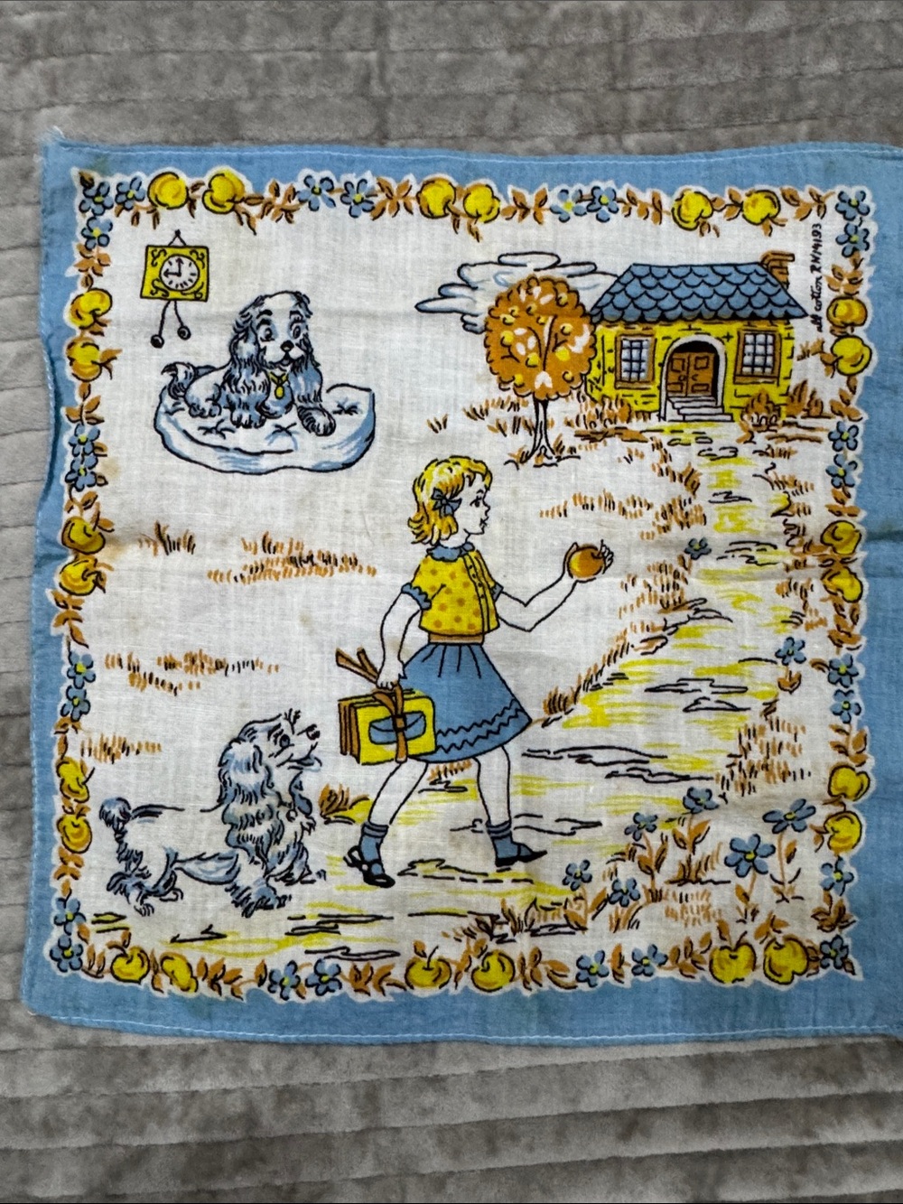 Vintage Blue & Yellow Storybook Cotton Handkerchief